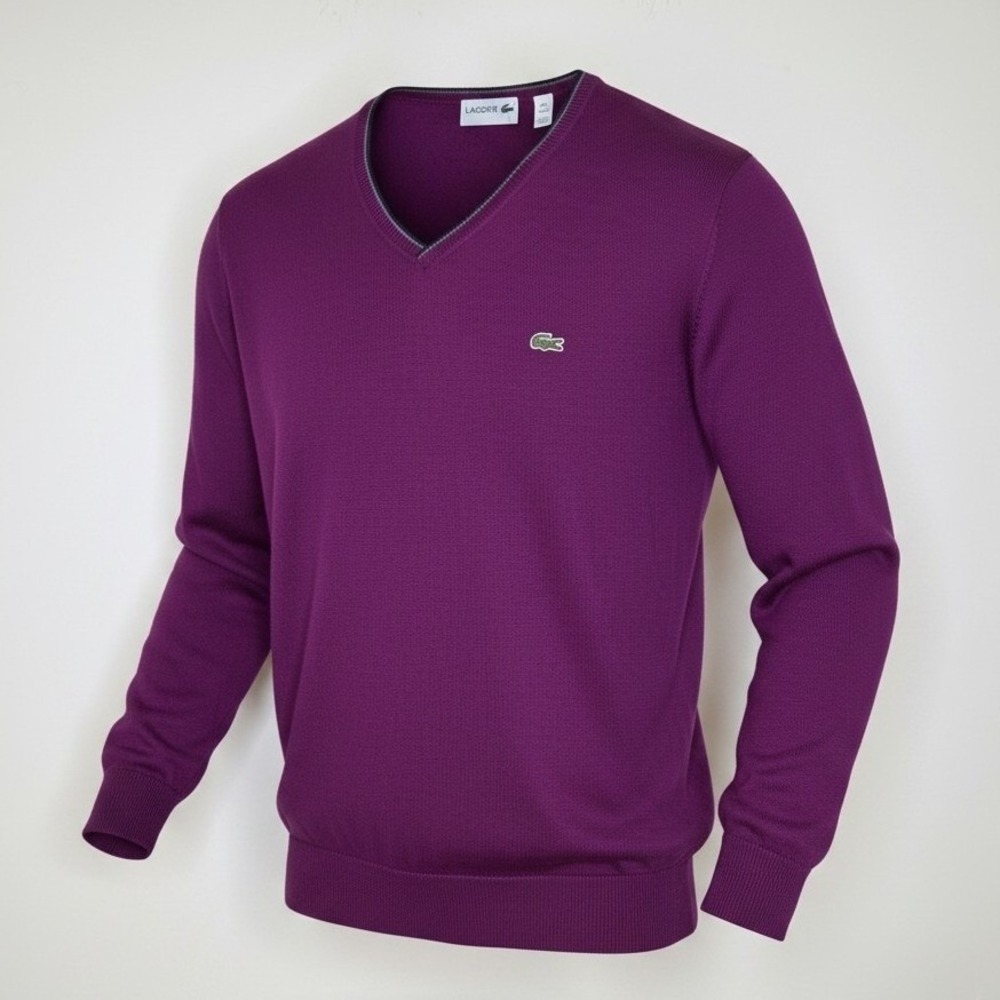 Lacoste Mens V-Neck Sweater Purple 100% Cotton Knit Logo Pullover XXL